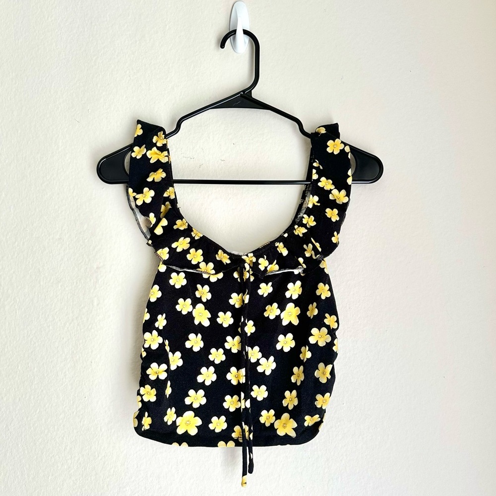 Forever 21 Black and Yellow Floral Cropped Off The Shoulder Ruffle Sleeve Top - Picture 2 of 8